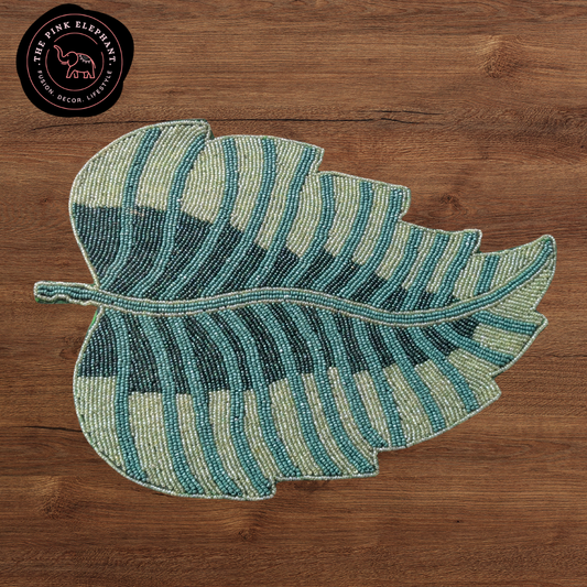Hand Beaded Placemat- Green Leaf