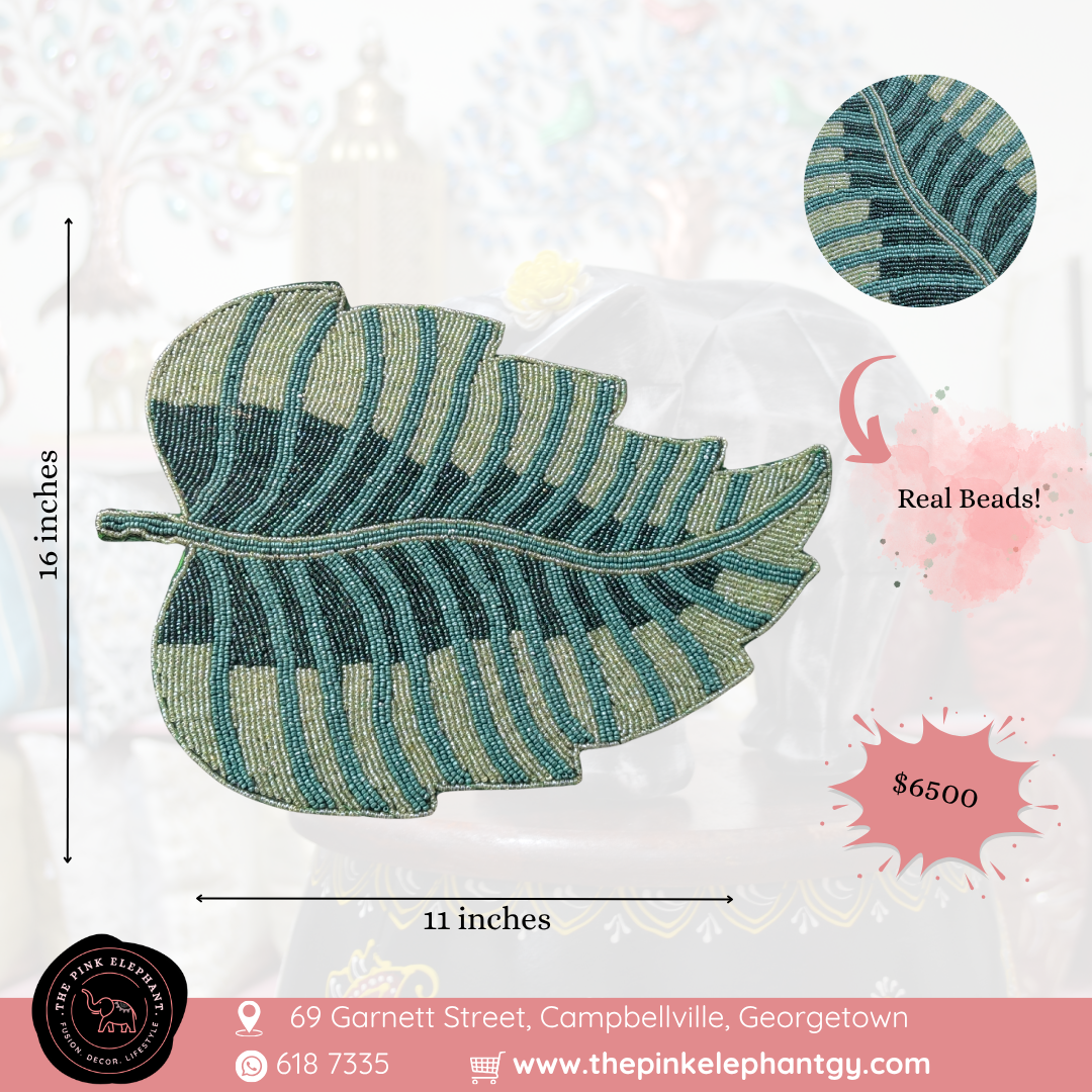 Hand Beaded Placemat- Green Leaf