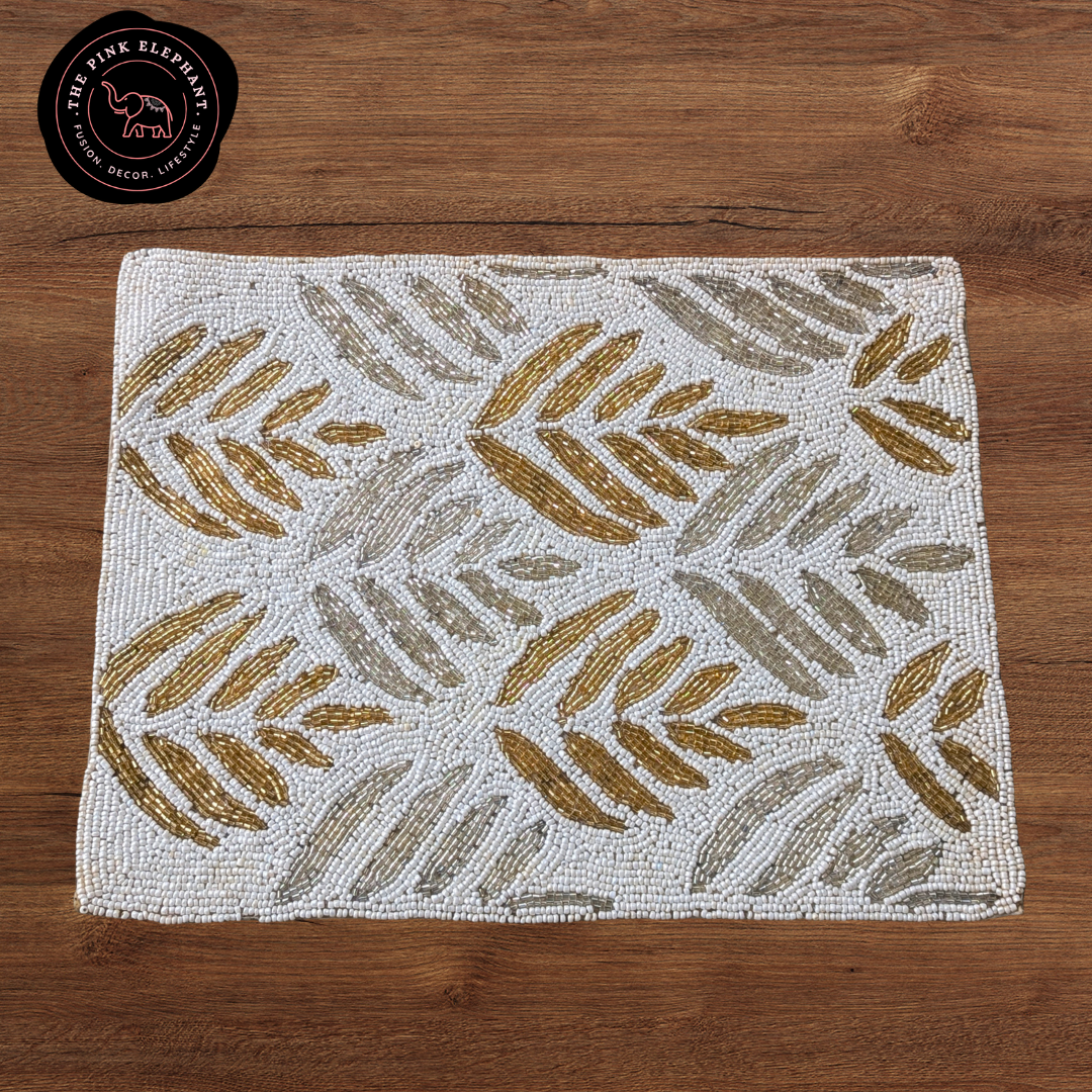 Hand Beaded Placemat- White and Gold Square