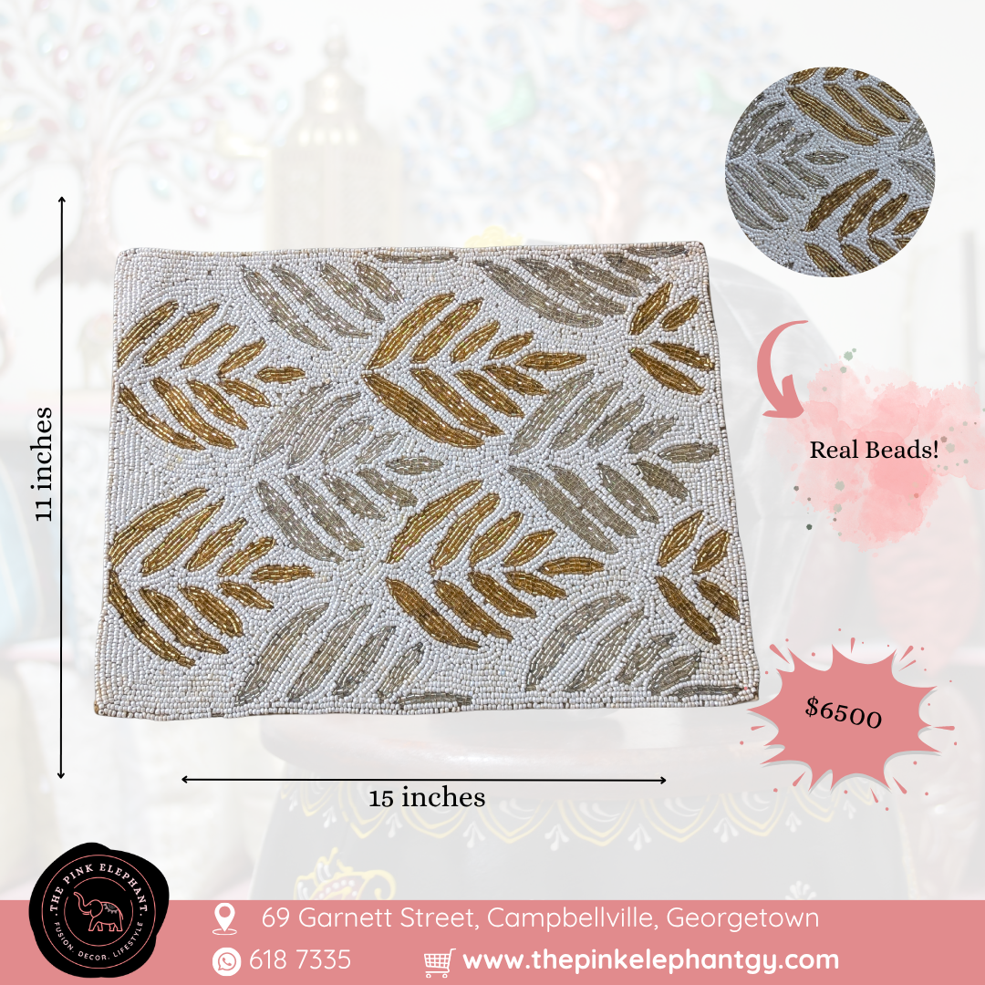 Hand Beaded Placemat- White and Gold Square