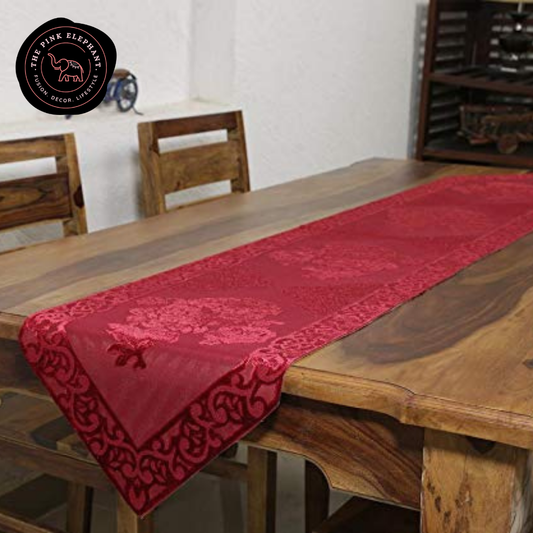 Damask Velvet Table Runner - Red