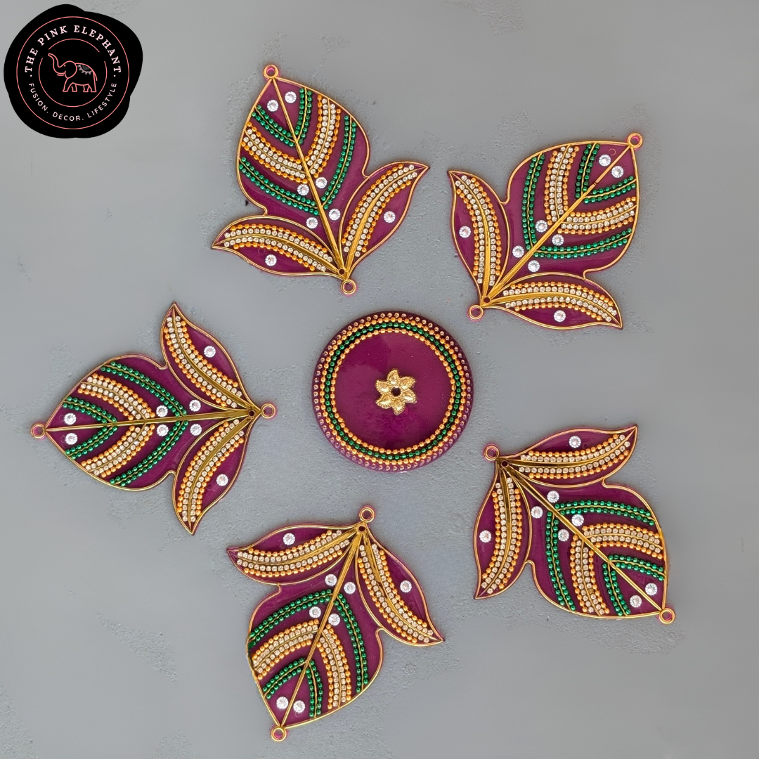 Pink/Red and Green Leaf Acrylic Rangoli 11" AR01