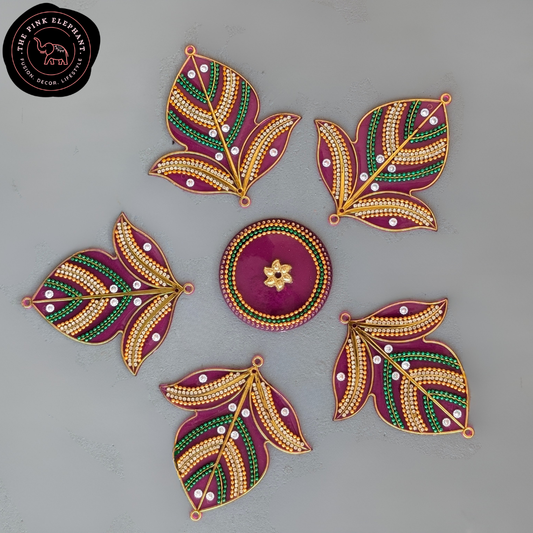 Pink/Red and Green Leaf Acrylic Rangoli 11" AR01