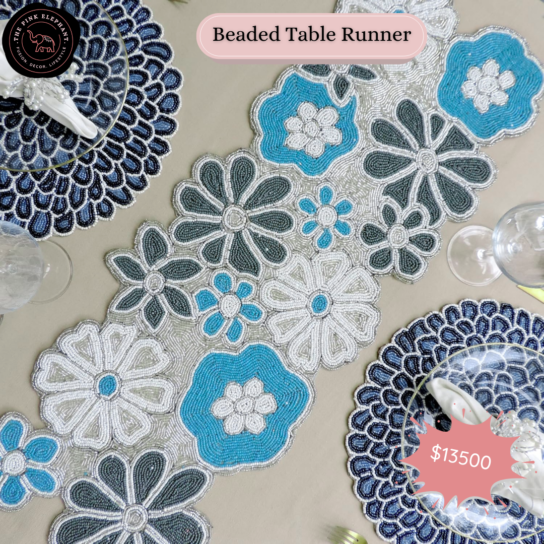 Blue Flowers Beaded Table Runner