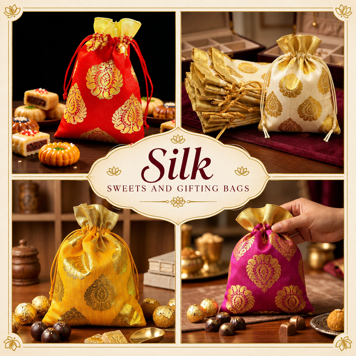 Gold Foil Paisley Silk Gift Bag 5" x 7" - Assorted Colours