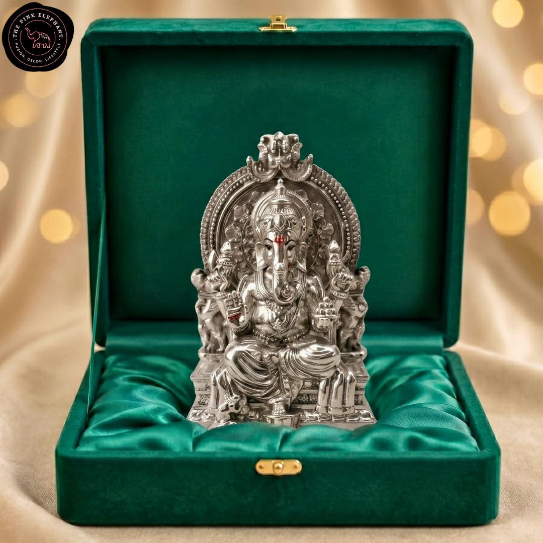 Silver Plated Ganesh Idol on Throne 3 inch with Gift Box