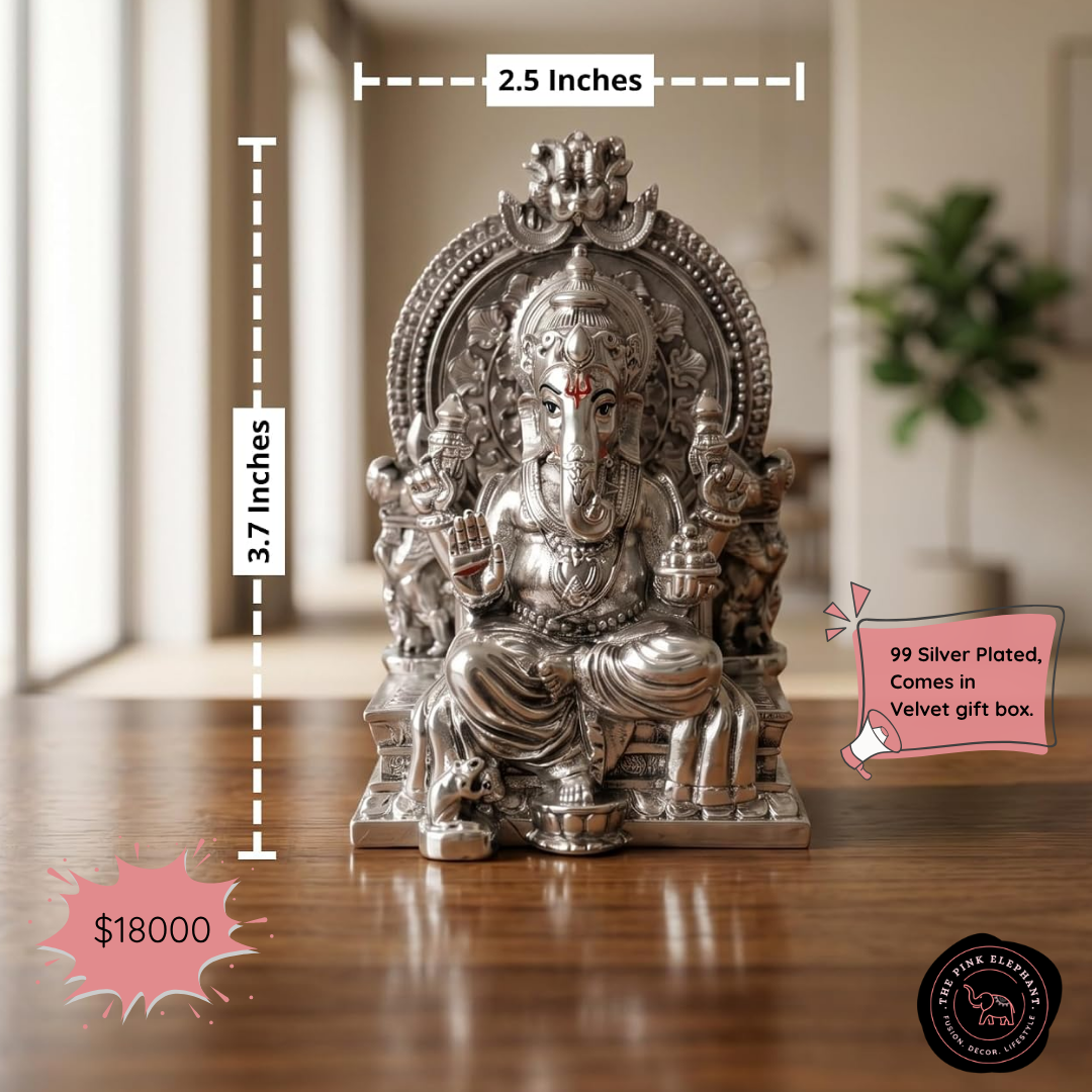 Silver Plated Ganesh Idol on Throne 3 inch with Gift Box
