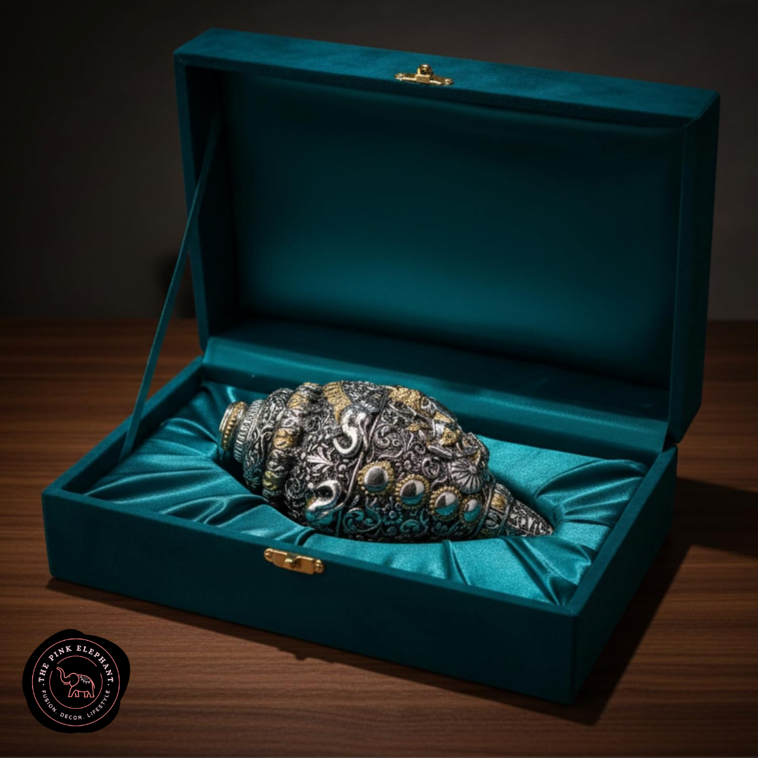 Silver Plated Ganesh Shankh in Velvet Gift Box -5.2 inch