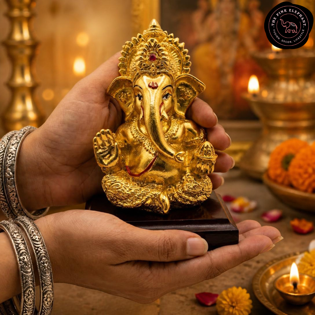 Silver Plated Gold Finish Ganesha Idol 4 inch on Wooden Base