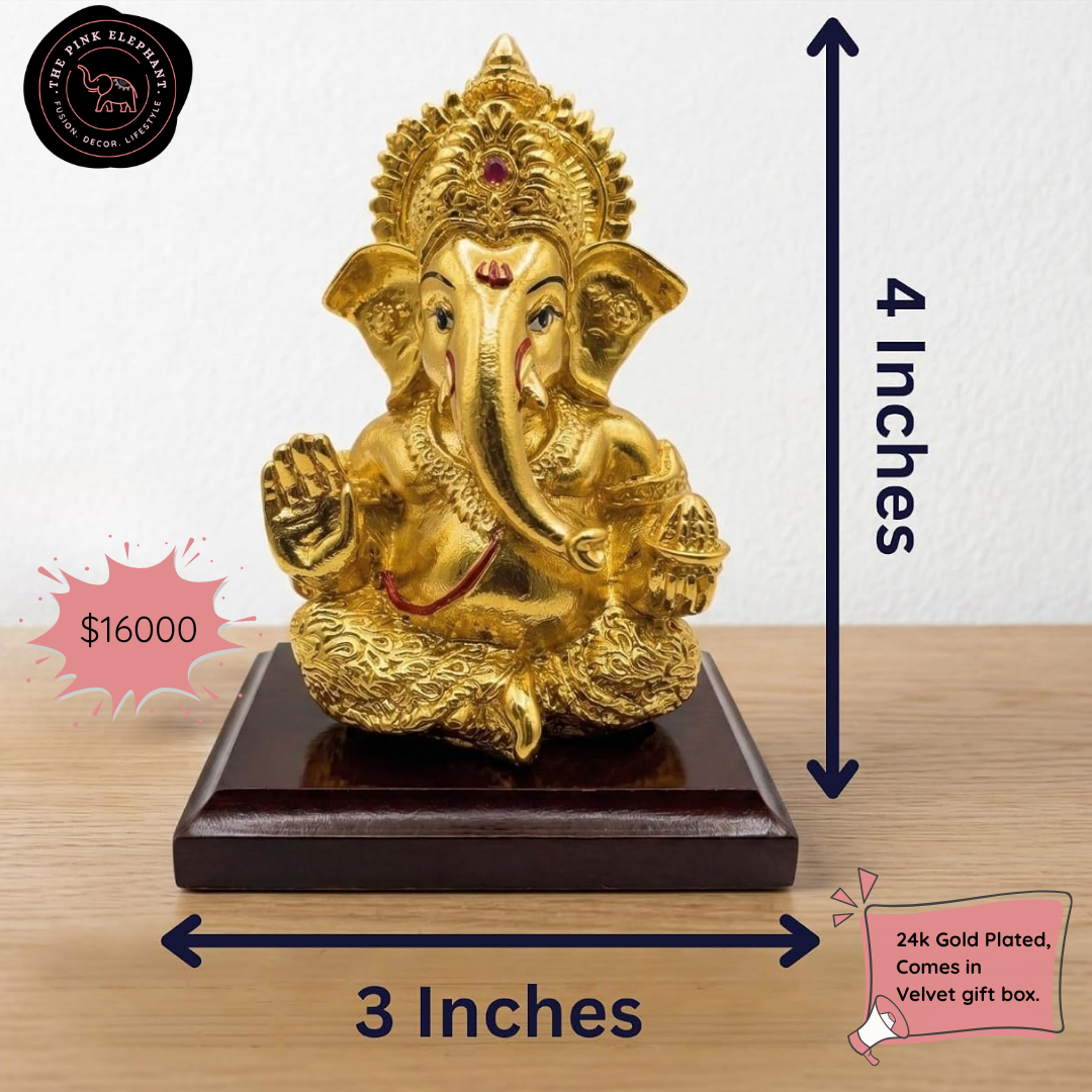 Silver Plated Gold Finish Ganesha Idol 4 inch on Wooden Base