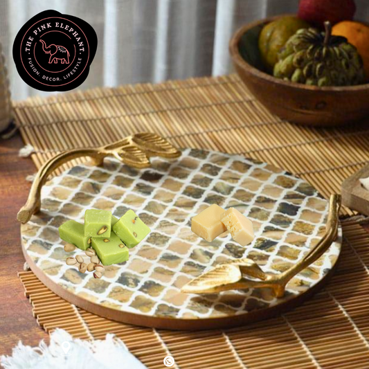 Green Inlay Metal Handle Wood Tray