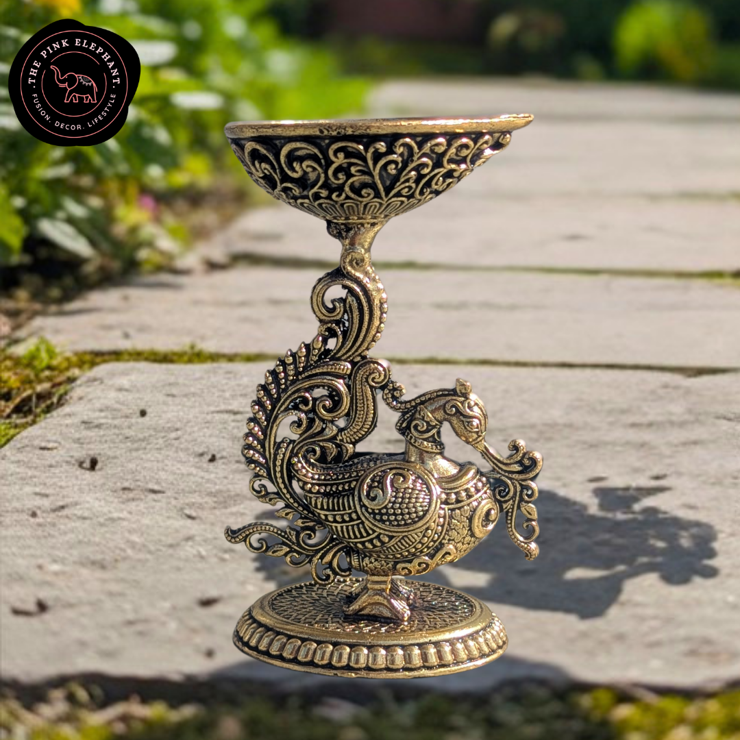 Large Regal Peacock Diya Intricate Brass Figurine
