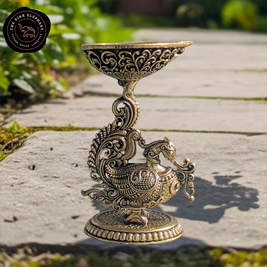 Large Regal Peacock Diya Intricate Brass Figurine