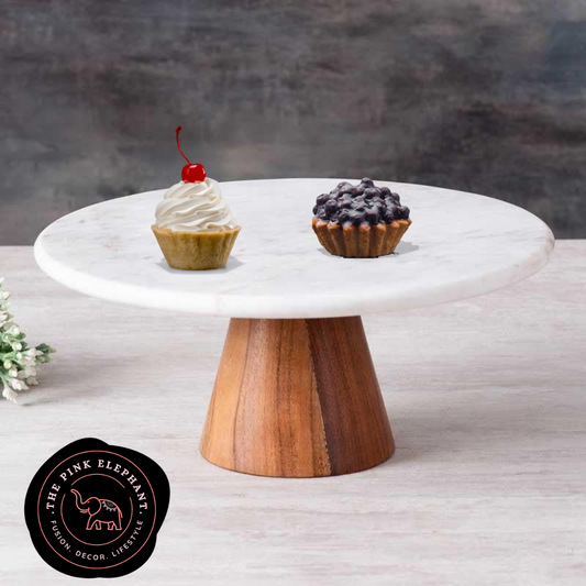 Elegant Marble Top Cake Stand with Wood Base