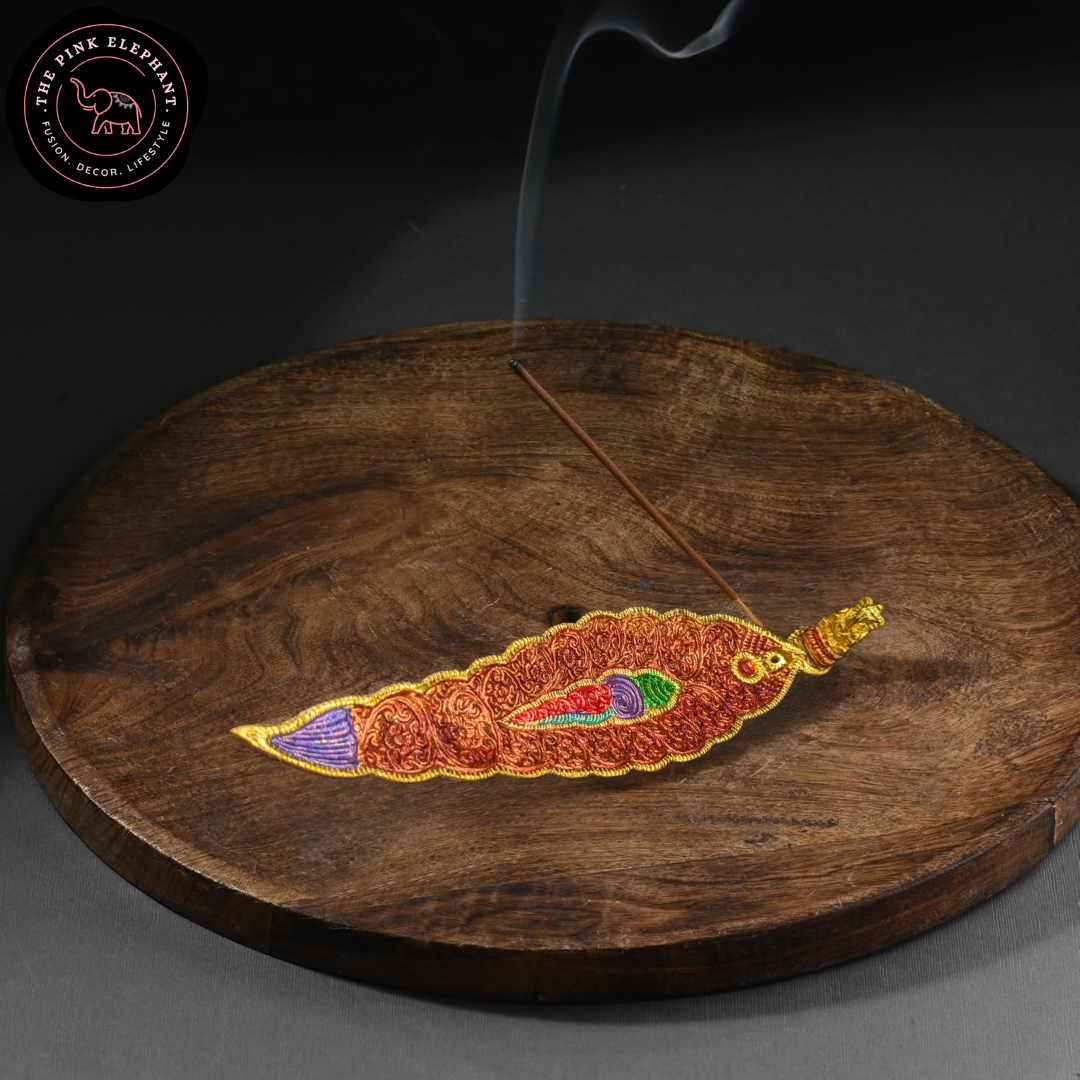 Metal Leaf Incense Holder with Ganesh - Bronze