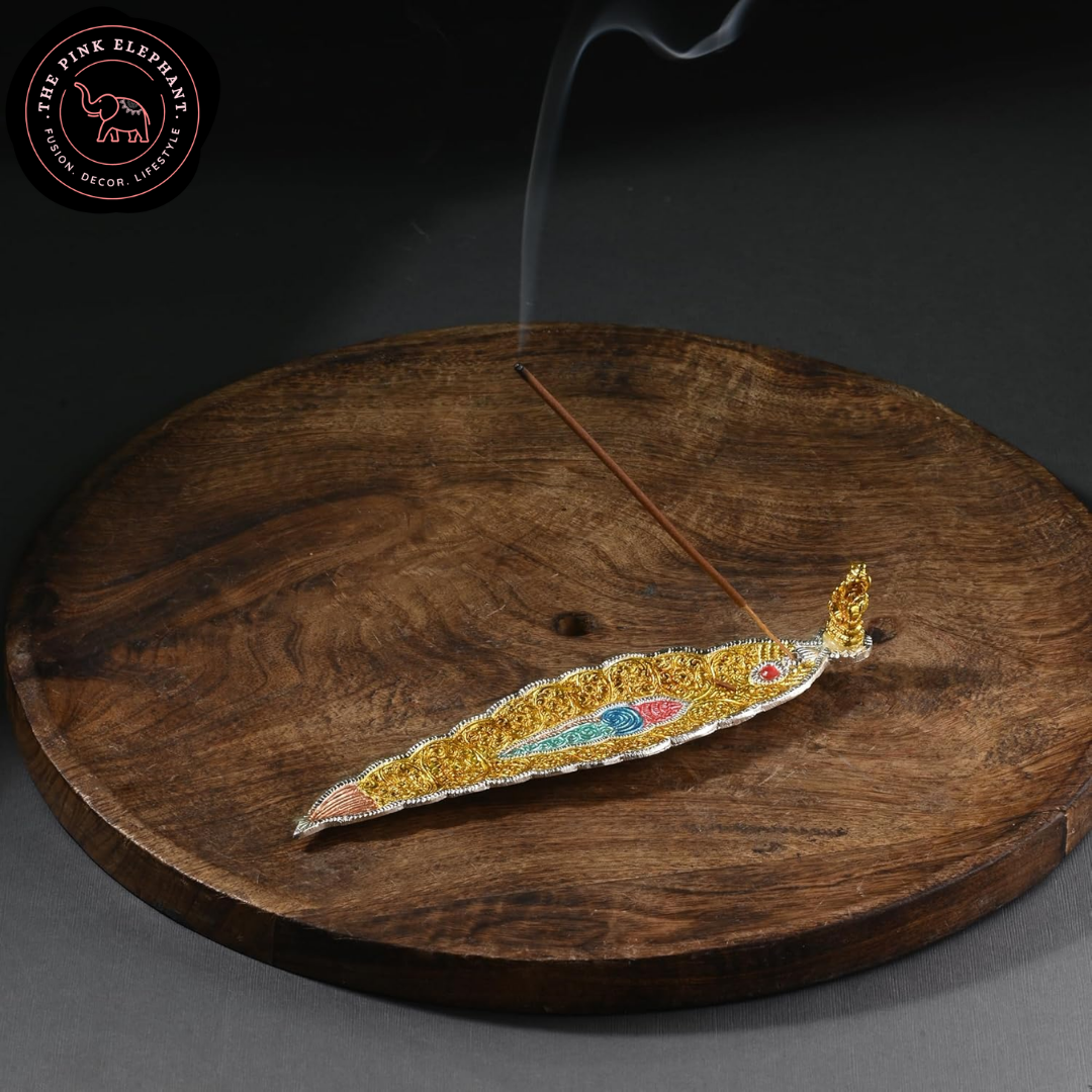 Metal Leaf Incense Holder with Ganesh - Gold