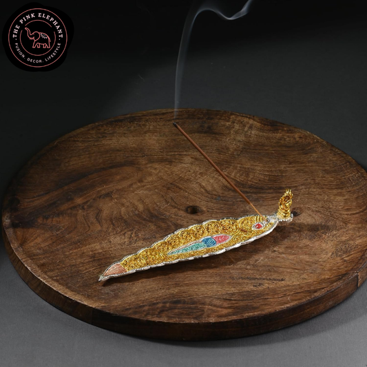 Metal Leaf Incense Holder with Ganesh - Gold