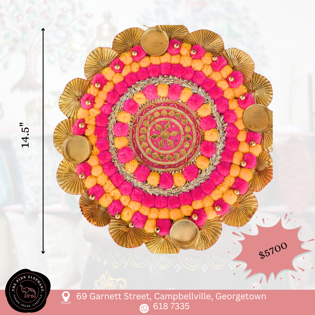 Pink and Yellow Candle Pom Pom Rangoli 14"