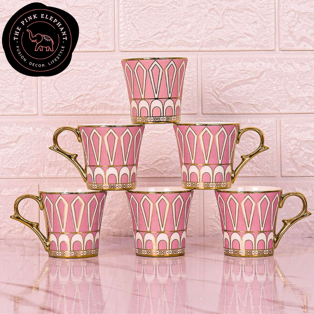 Pink and White Gold Trim Cup Set 6