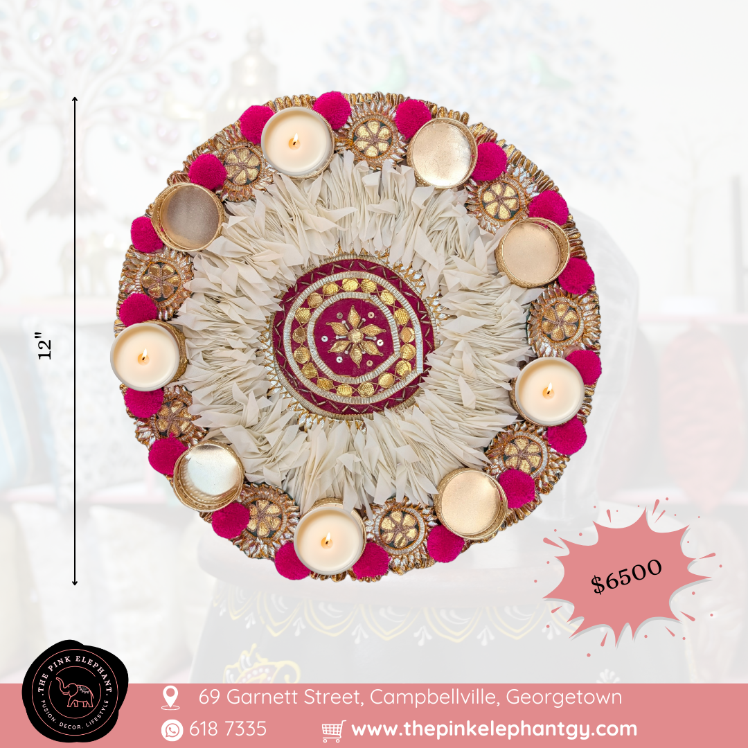 White and Pink Jasmine Pom Pom Rangoli 12"