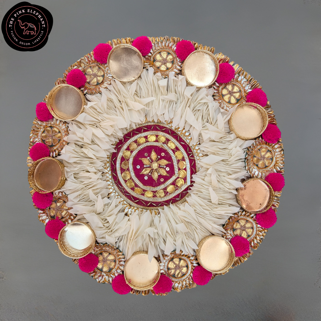 White and Pink Jasmine Pom Pom Rangoli 12"