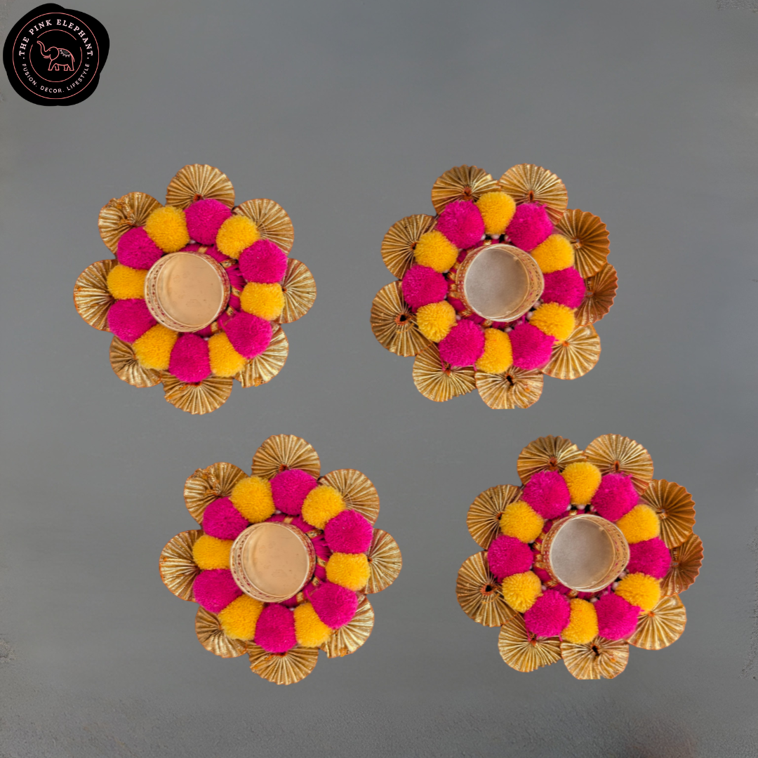 Tealight Pink and Yellow Pom Pom Rangoli 5"
