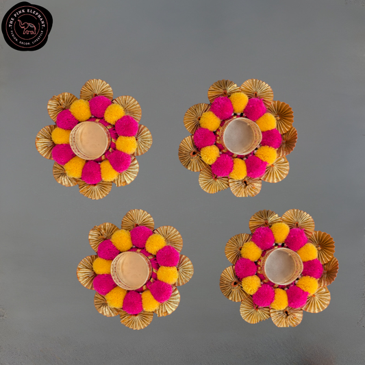 Tealight Pink and Yellow Pom Pom Rangoli 5"