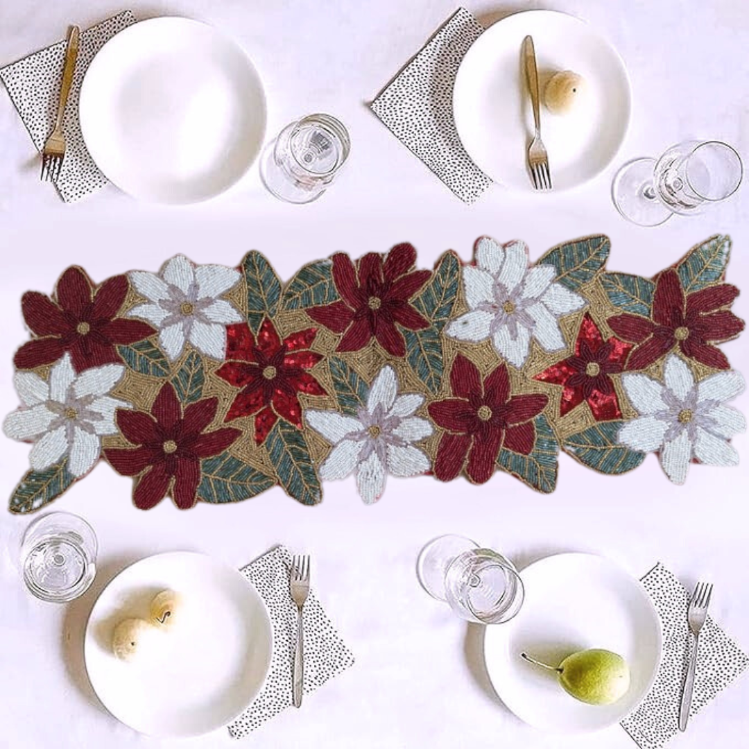 Red Poinsettia Beaded Table Runner