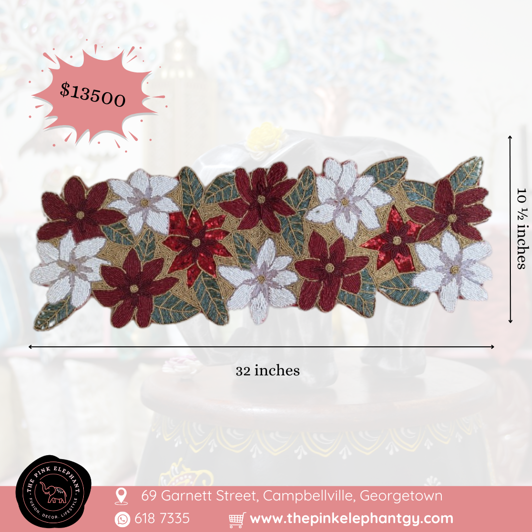 Red Poinsettia Beaded Table Runner