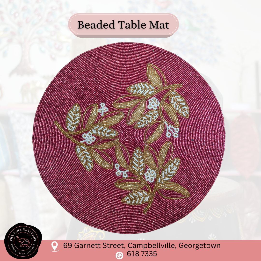 Hand Beaded Placemat- White & Gold Flower