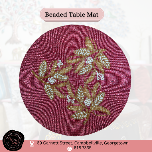 Hand Beaded Placemat- White & Gold Flower