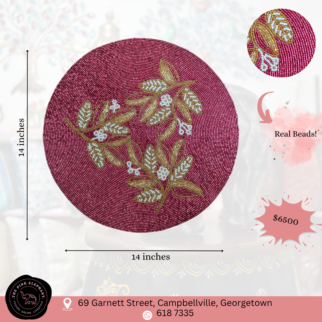 Hand Beaded Placemat- White & Gold Flower