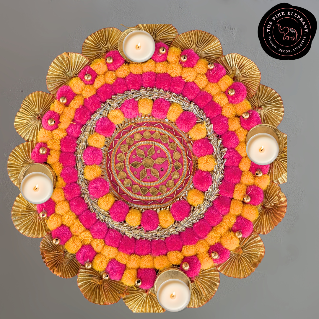 Pink and Yellow Candle Pom Pom Rangoli 14"