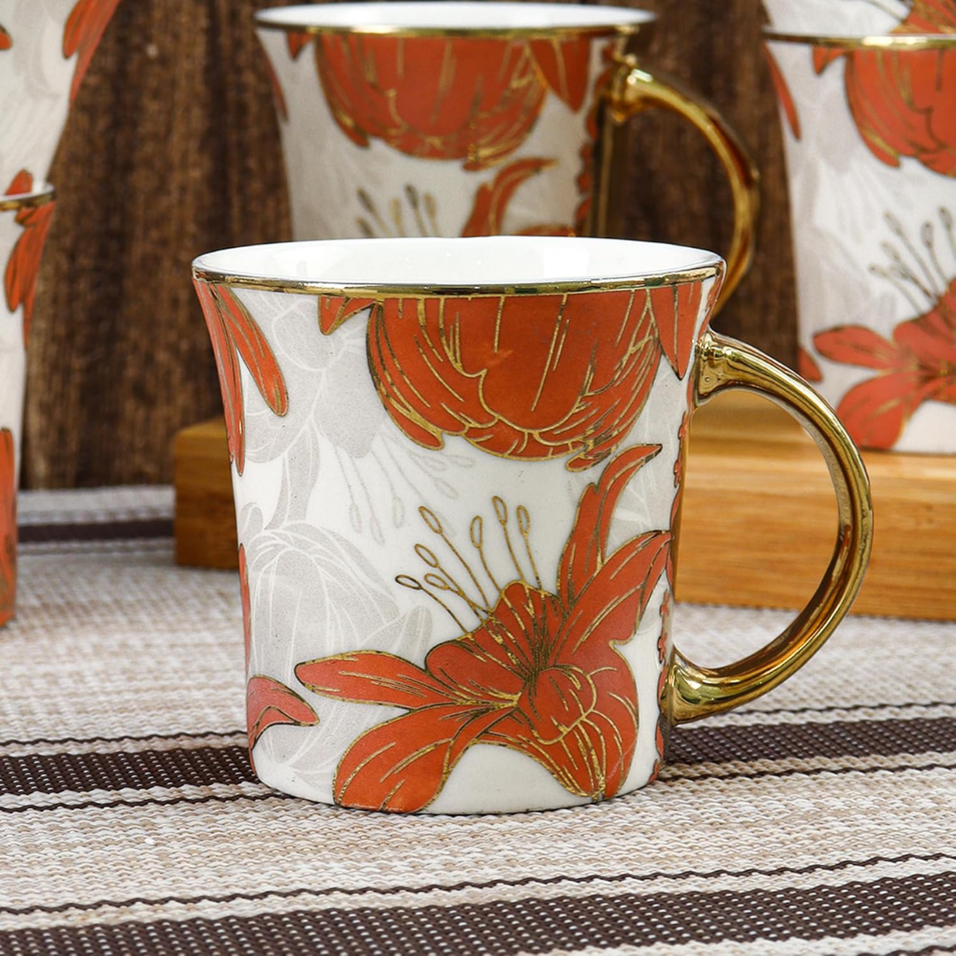 Red and White Lily Gold Trim Cup Set 6