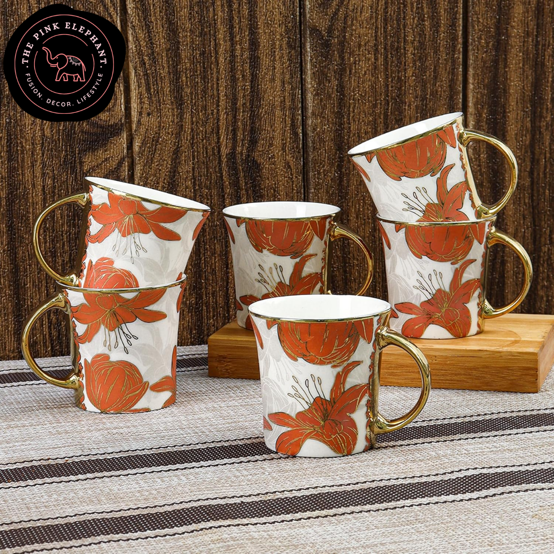 Red and White Lily Gold Trim Cup Set 6
