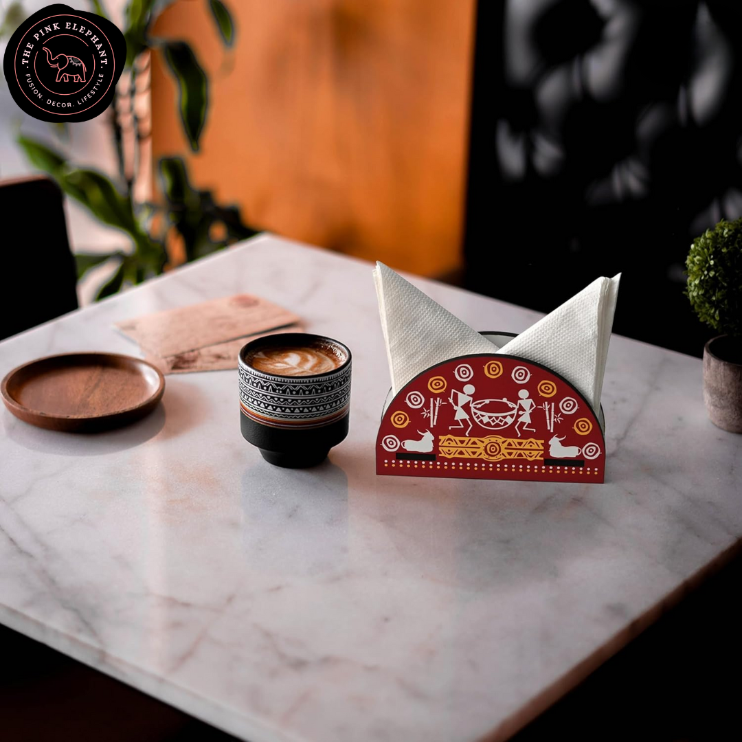 Red Wooden Napkin Holder with Warli Art