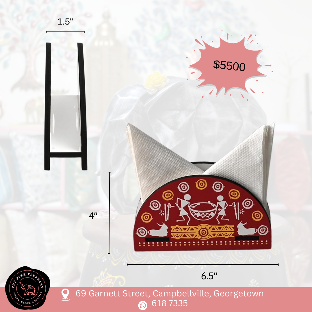 Red Wooden Napkin Holder with Warli Art