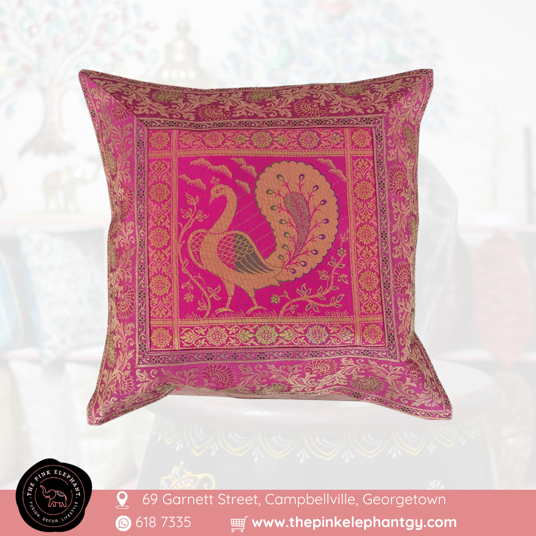 Silk Pink Peacock Cushion Cover 16"x 16"