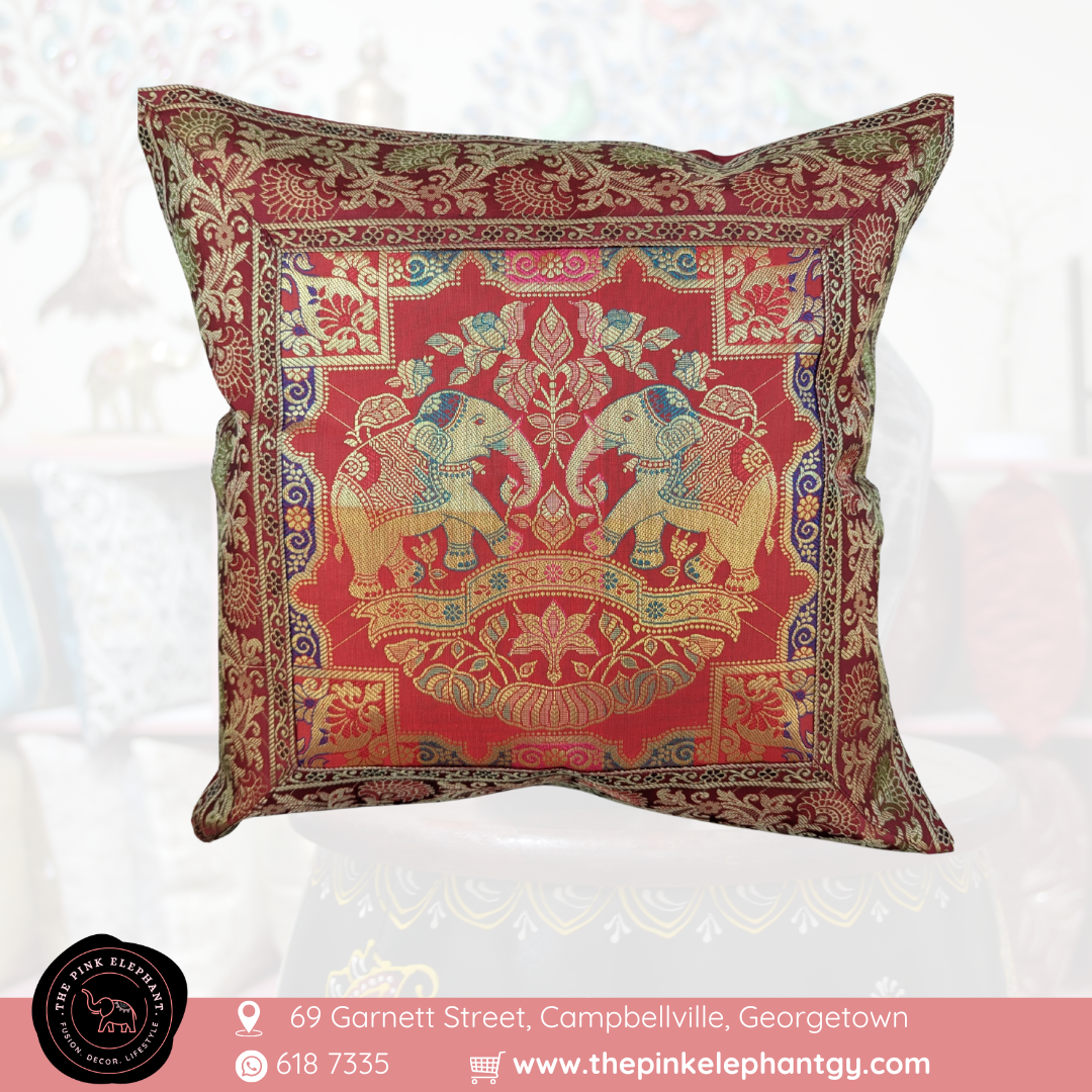 Silk Red Elephant Cushion Cover 16"x 16"