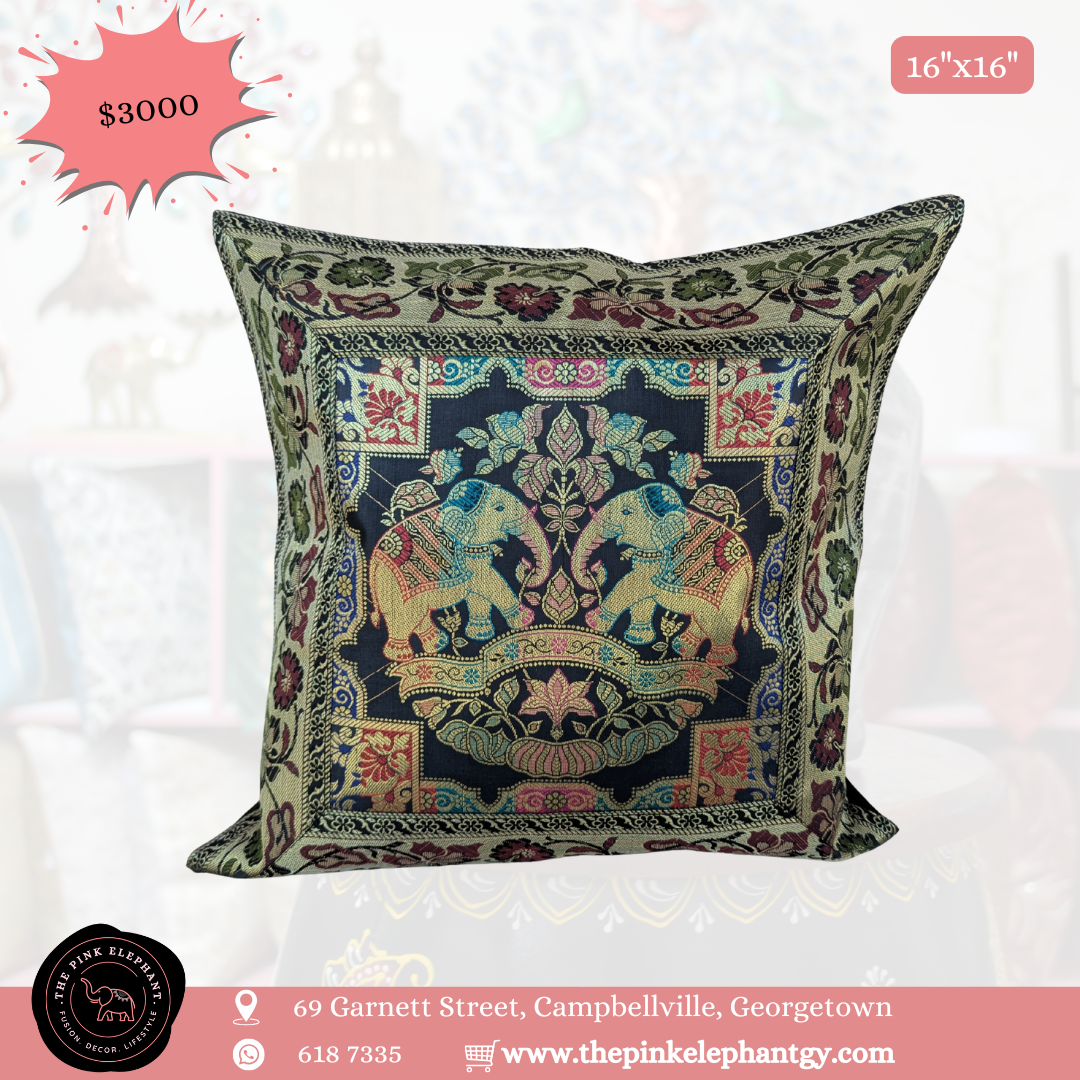 Silk Black and Gold Elephant Cushion Cover 16"x 16"