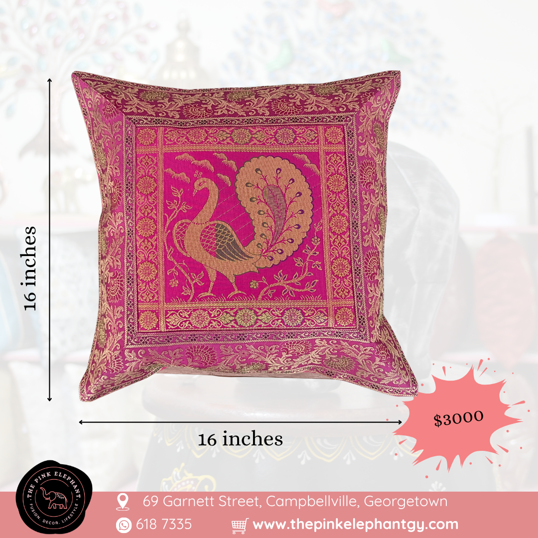 Silk Pink Peacock Cushion Cover 16"x 16"