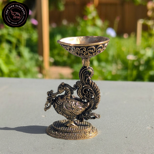 Small Regal Peacock Diya Intricate Brass Figurine
