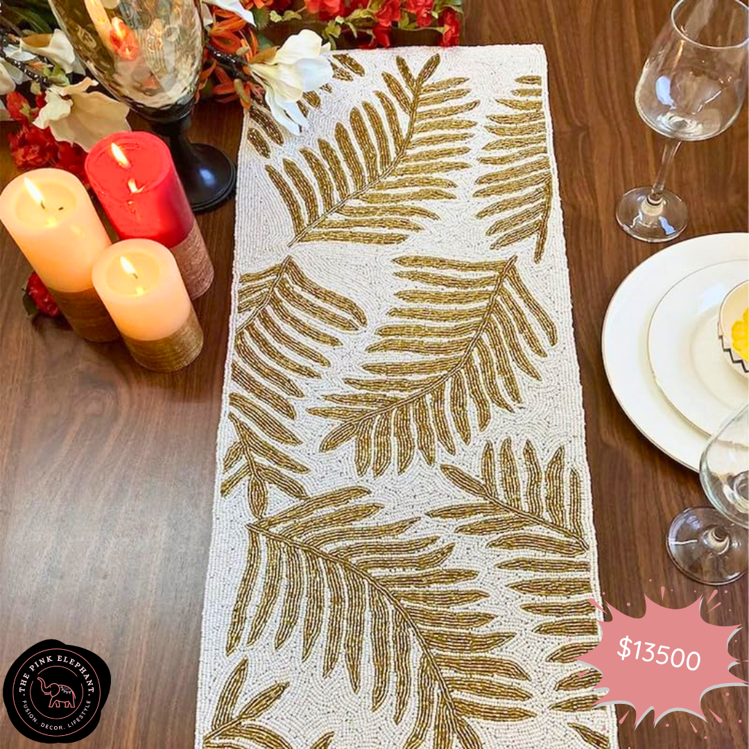 White and Gold Beaded Table Runner