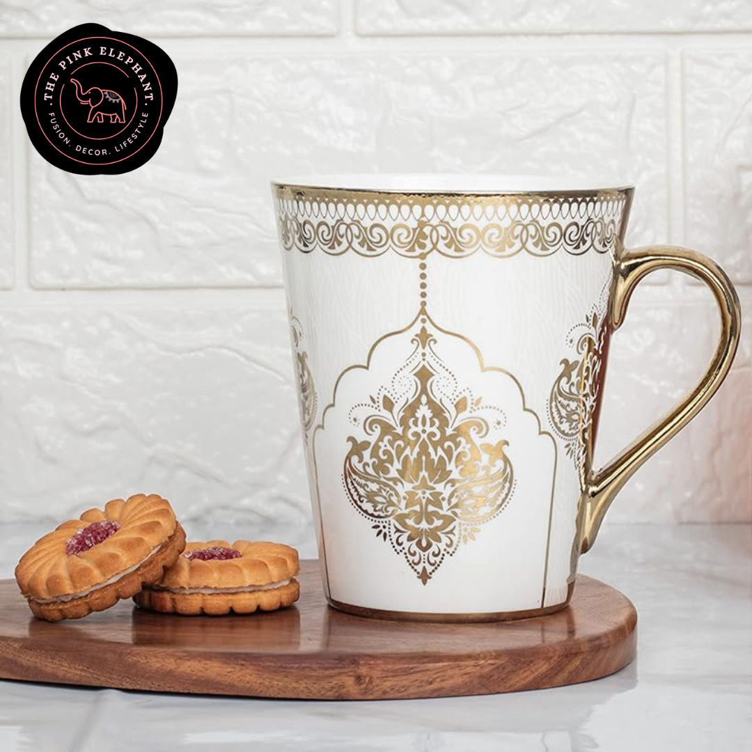 White Motif Gold Trim Coffee Cup Pair