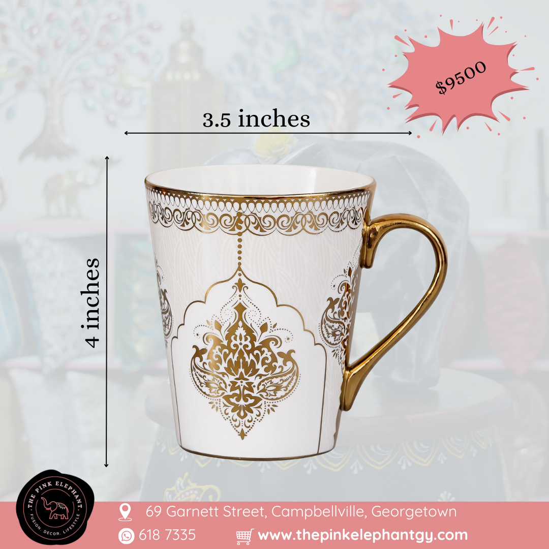 White Motif Gold Trim Coffee Cup Pair