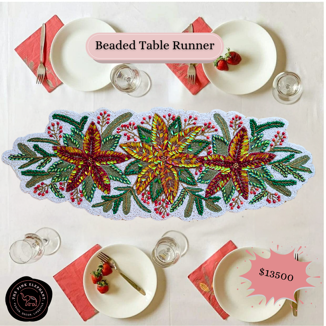 White Beaded Poinsettia Table Runner
