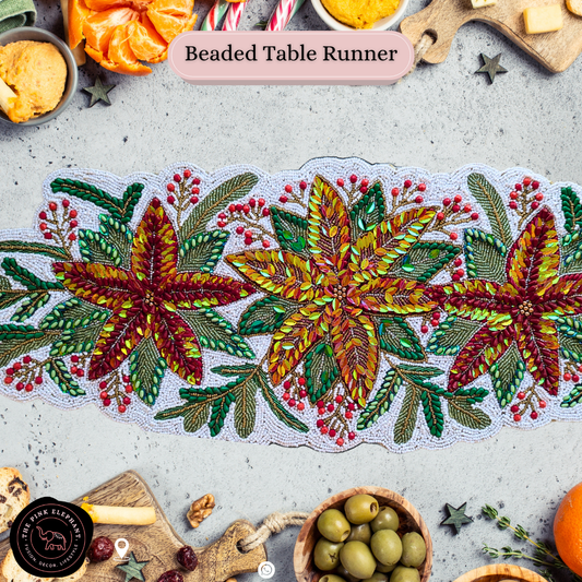 White Beaded Poinsettia Table Runner