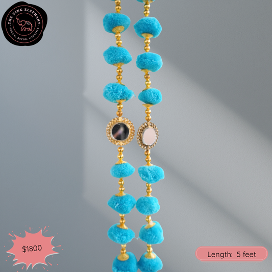 Pompom, Beads & Mirror Decorative Hanging- Blues 5ft