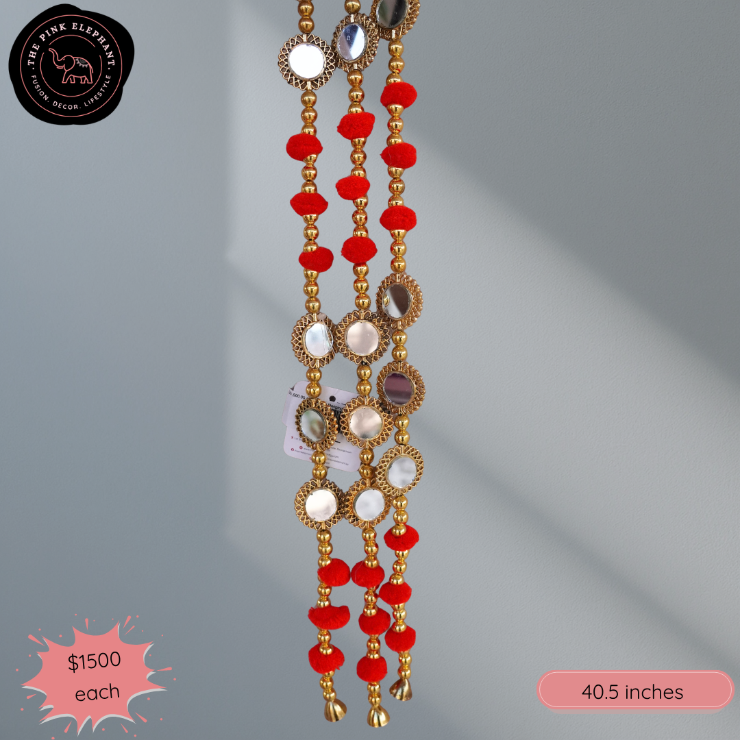 Pompom, Beads & Mirror Decorative Hanging - Assorted Colours 40"
