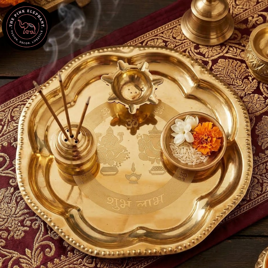 Brass Metal Golden 3 Article Puja Thali